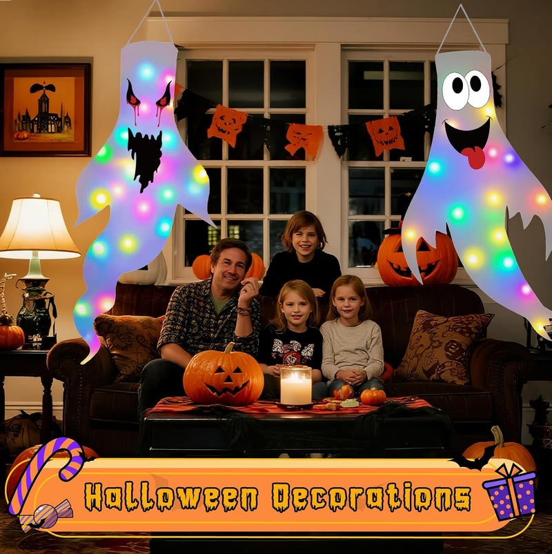Tepoobea Halloween Decorations Outdoor Indoor, 2 Pack Light Up Ghost Decorations with LED Lights, Hanging Ghost Halloween Decor for Yard Porch Garden Lawn Party (2B-2Pack) - Image 2